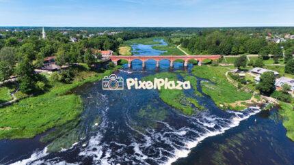 Aerial View of Kuldīga’s Historic Brick Bridge and Venta River, Latvia